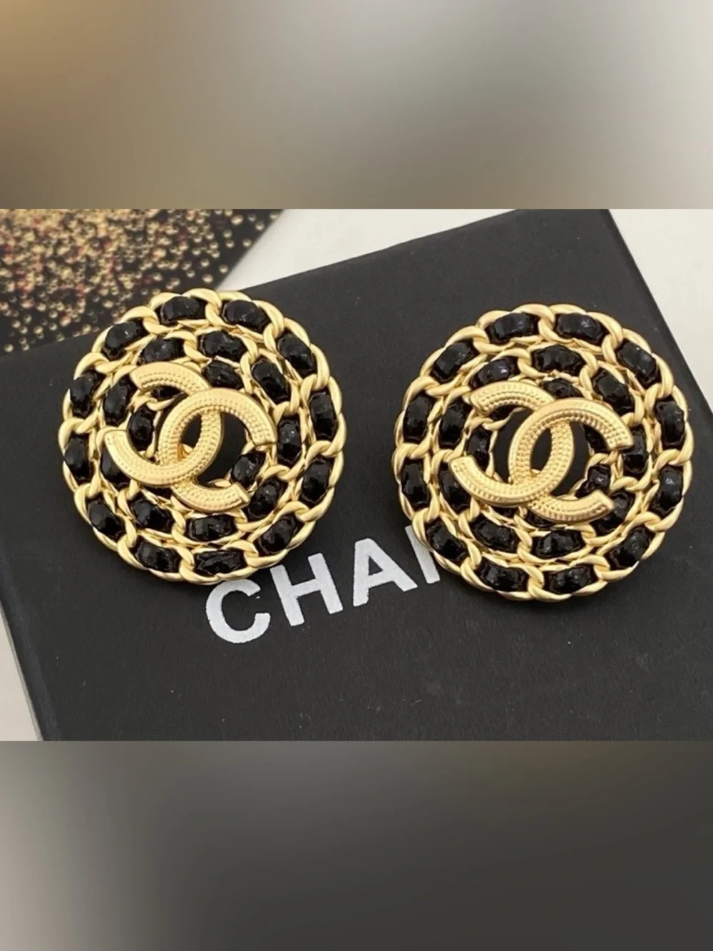 Double C Black Leather And Gold - Tone Logo Earrings For Pierced Ears